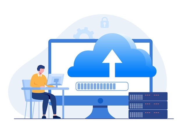 Cloud systeembestand downloaden database bescherming concept datacenter bestandsbeheer platte illustratie vector banner