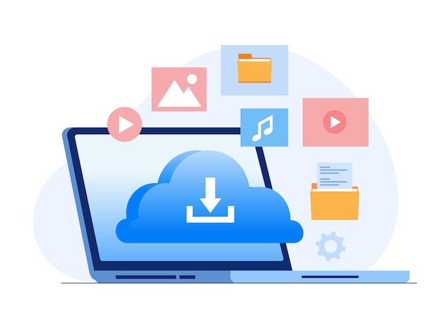 File di sistema cloud download concetto di protezione del database gestione dei file del centro dati illustrazione piatta banner vettoriale