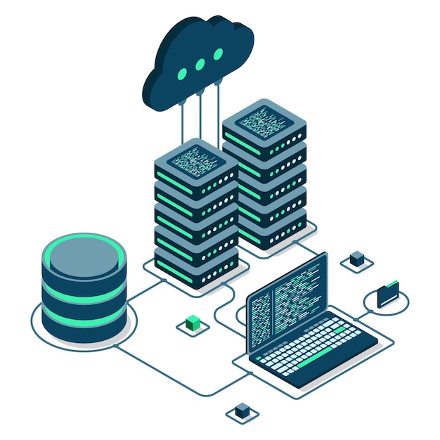 Cloud technology computing concept modern cloud technology data center isometric concept isometric cloud technology with datacenter web hosting concept vector illustration