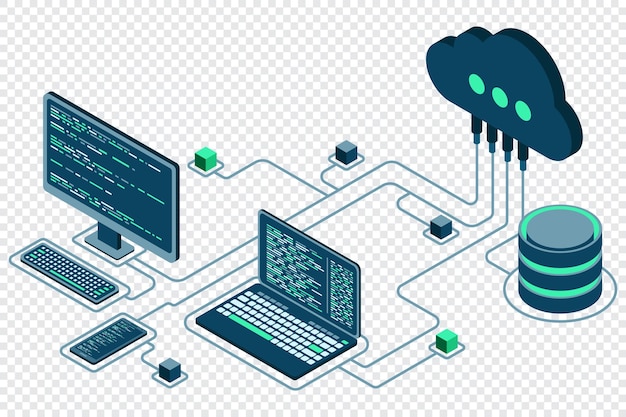 Cloud technology computing concept Modern cloud technology Data center isometric concept Isometric cloud technology with datacenter Web hosting concept Vector illustration