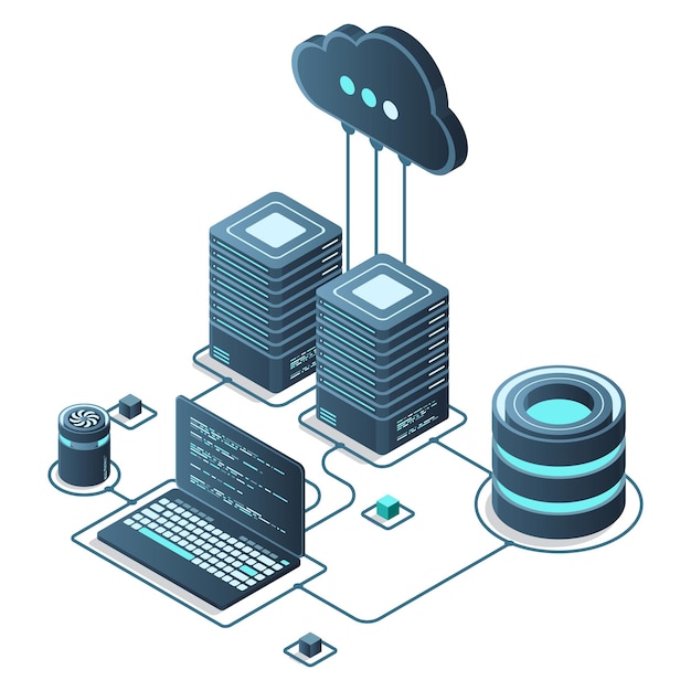 Cloud technology computing concept Modern cloud technology Data center isometric concept Isometric cloud technology with datacenter Web hosting concept Vector illustration