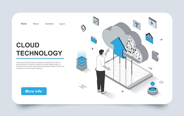 Vector cloud technology concept in 3d isometric landing page outline design user uploads and shares files