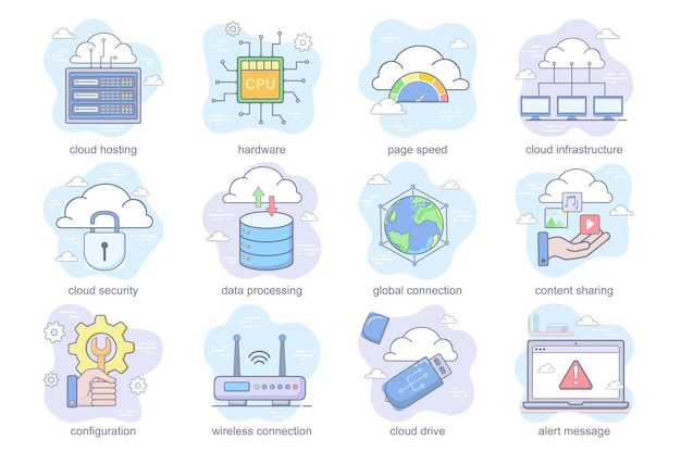 Le icone piatte del concetto di tecnologia cloud impostano il pacchetto di elaborazione dei dati di sicurezza della velocità della pagina di hosting hardware...