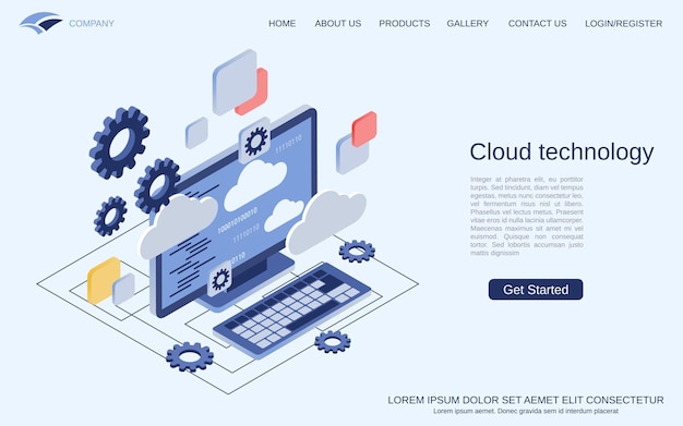 Cloud technology data processing network flat 3d isometric vector concept illustration