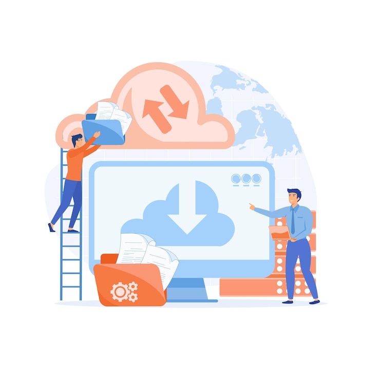 Vector クラウド技術。クラウドサーバーにデータを保存している人。フラットベクトルモダンイラスト