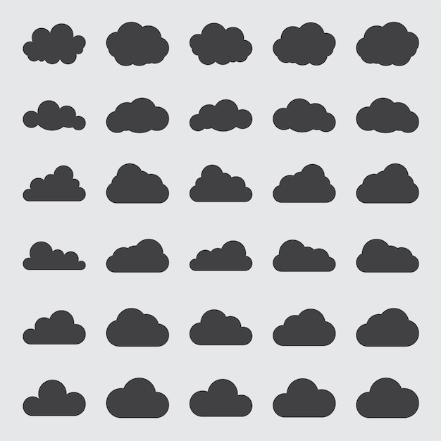 Cloud vector icon set black color on white background Sky flat illustration collection for web art and app design Different nature cloudscape weather symbols