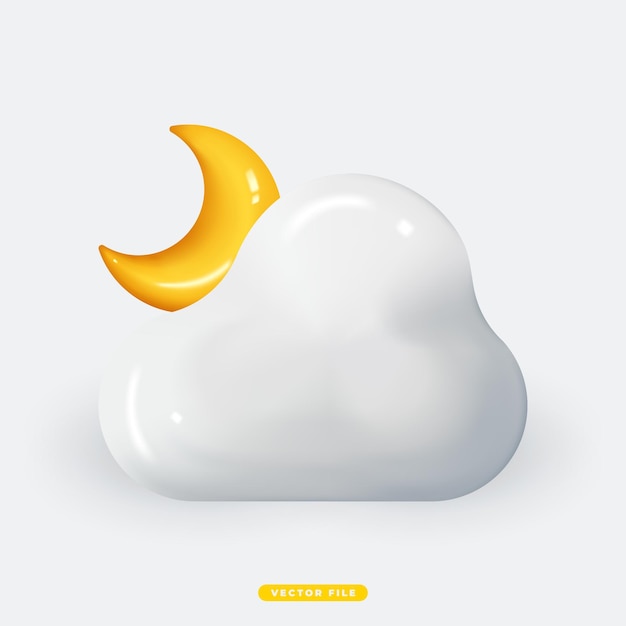 Vettore cloud con crescent moon icona meteo 3d realistica illustrazione vettoriale isolata design realistico dell'icona 3d per app mobili e sito web