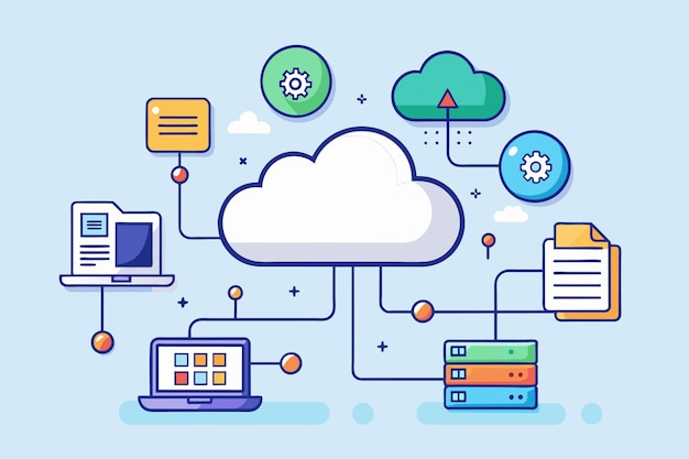 Vettore un cloud con più dispositivi collegati per la gestione e la sincronizzazione dei dati cloud gestione e sincronizzazione di dati illustrazione vettoriale piatta semplice e minimalista