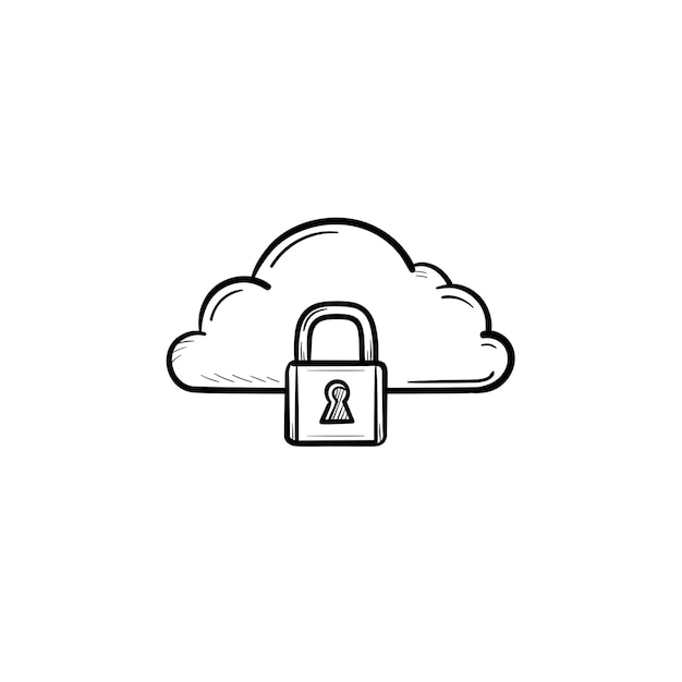 南京錠の手描きのアウトライン落書きアイコンと雲。インターネットとパスワード、データ保護、セキュリティの概念
