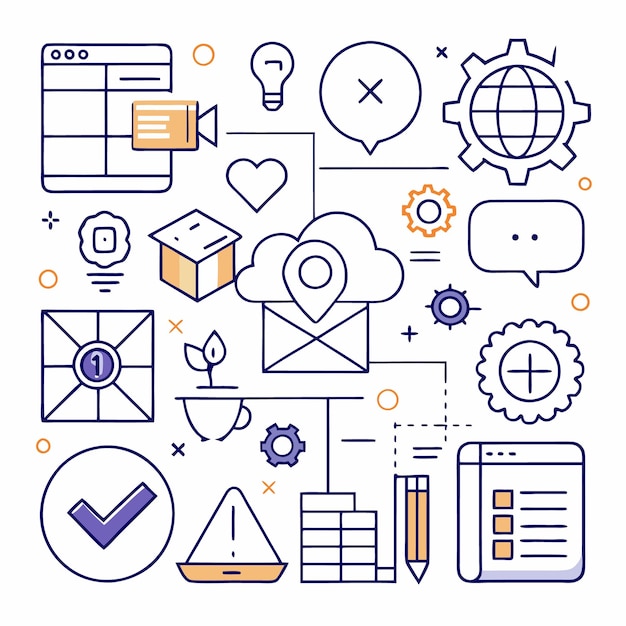 a cloud with a pin inside connected to various icons such as a heart a gear a lightbulb a pencil and a checkmark