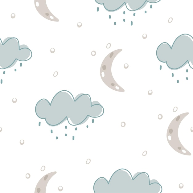 Cloud with rain and grey moon on white background scandinavian style seamless pattern