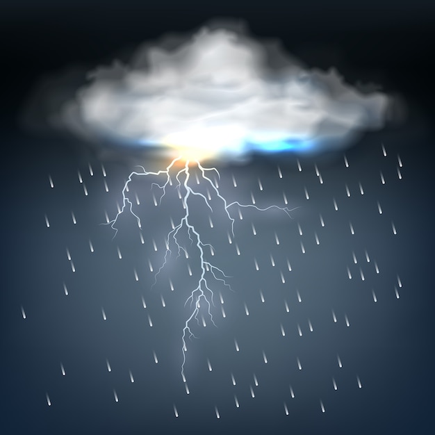 Vector cloud with rain and a lightning bolt in a discharge of electrical energy during a thunderstorm in a dark threatening sky  vector illustration