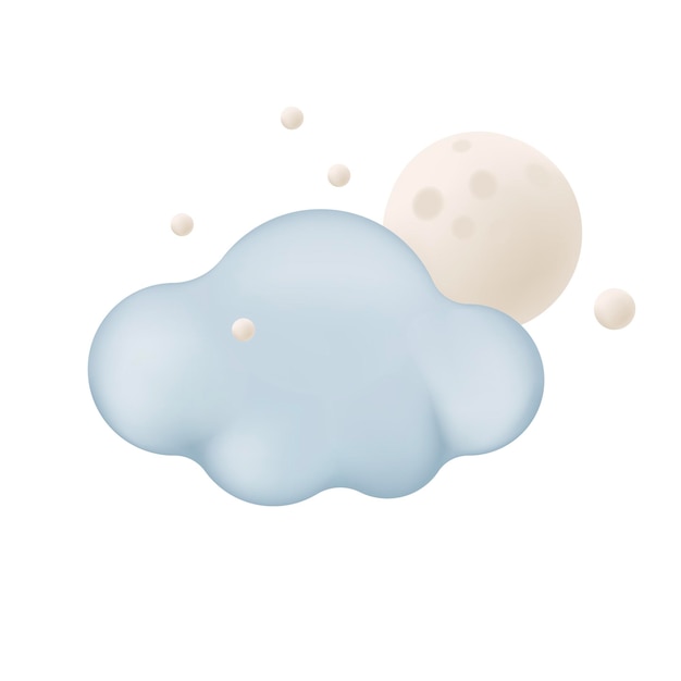 Cloud with stars and moon 3d vector illustration. Snowy and cloudy weather at night in cartoon style isolated on white background. Weather forecast, meteorology concept
