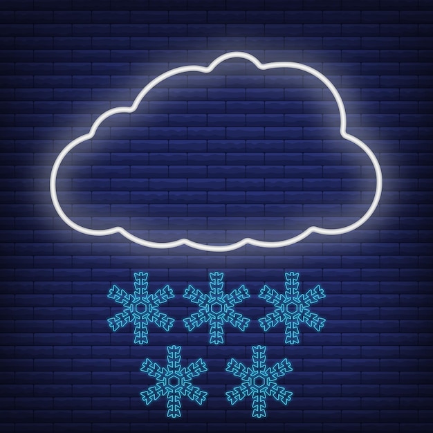 Cloud with wind snow, snowflake icon glow neon style, concept weather condition outline flat vector illustration, isolated on black. Brick background, web climate label stuff.