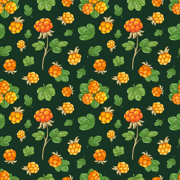 Vector cloudberry seamless pattern northern berries on a dark background wild berry and green leaves
