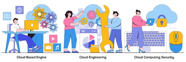 Cloudgebaseerde engine cloud engineering en computing beveiligingsconcepten met personages Virtuele informatie bescherming abstracte vector illustratie pack Online gegevensopslag veiligheid metafoor