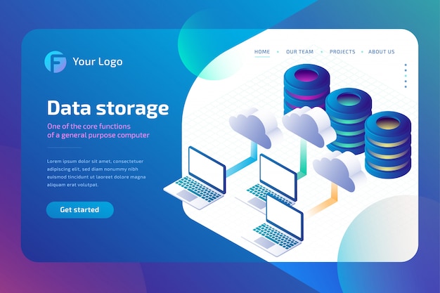 Cloudgegevensopslag en cloudopslagconcept. bestemmingspaginasjabloon. isometrisch