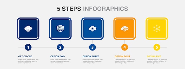 Cloudopslag datacenter Private cloud SaaS Service provider iconen Infographic ontwerpsjabloon Creatief concept met 5 stappen