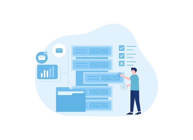 Vector cloudopslagconcept in blauwe kleur en menselijk karakter trending concept vlakke afbeelding