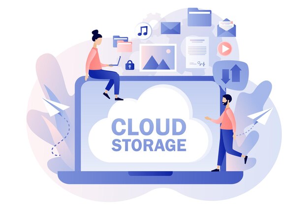 Cloudopslagtekst op laptopscherm Cloud computing-services Gegevensverwerking Tiny people place