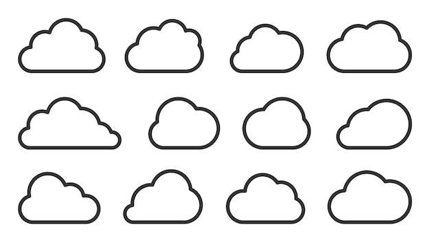 雲の黒い線の漫画のアイコンを設定 天気予報 web インターフェイス音声バブル バルーン データベース技術ネットワーク ストレージ アプリケーション気象ラベルの別の雲のアウトライン形状