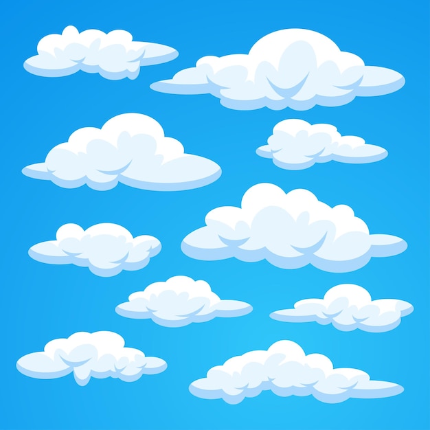 Illustrazione del fumetto delle nuvole isolata sulla raccolta di vettore del cielo blu