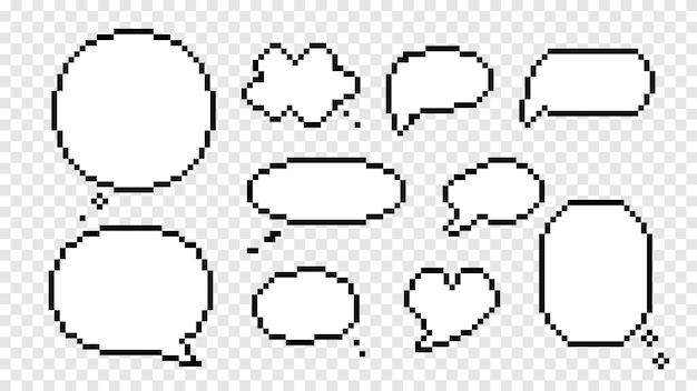 Clouds conversation and speech bubbles pixel isolated icons. dialog empty black sketches with lines scribbles in geometric shapes for web social vector communication.