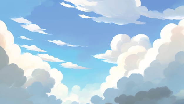 明るく青い空を背景に雲手描き絵イラスト