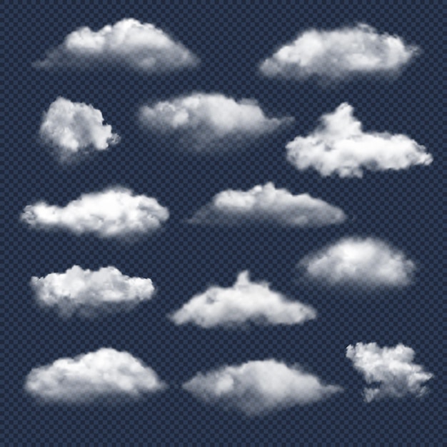 현실적인 구름. 자연 하늘 날씨 기호 비 또는 눈 구름 벡터 컬렉션
