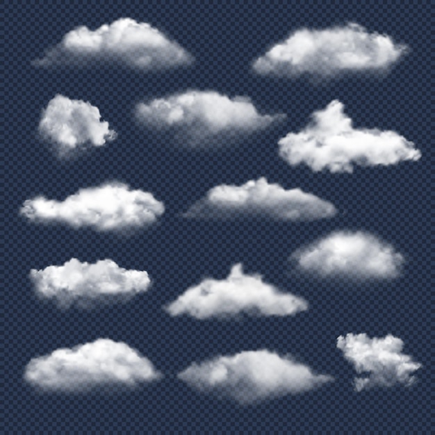 Vector clouds realistic. nature sky weather symbols rain or snow cloud vector collection