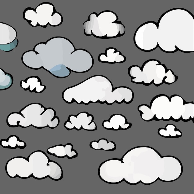 벡터 회색 배경 부드러운 둥근 만화 솜털 구름에 고립된 구름 세트는 아이콘 벡터를 모의합니다