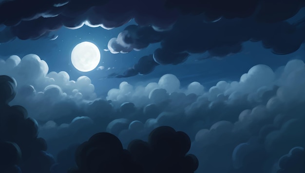 夜に月に照らされた雲空 手描きの絵 イラスト