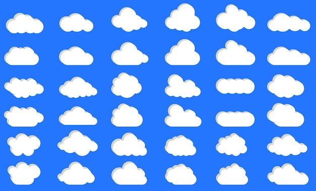 空の雲の影と青い背景に分離された雲の抽象的な白いセット