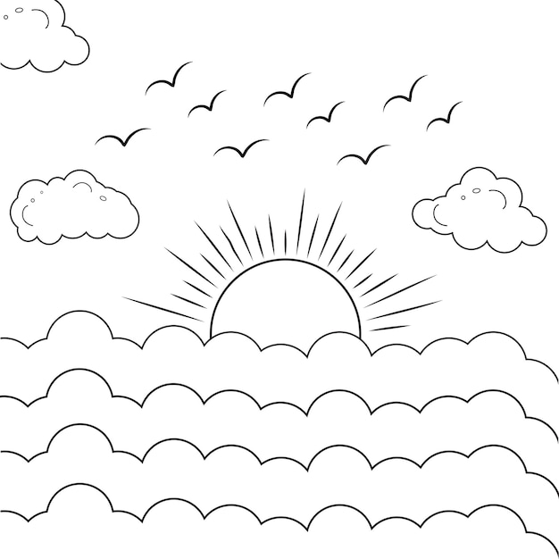 clouds and water sunset line art drawing style, weather icons, Clouds in the sky,sun art for kids