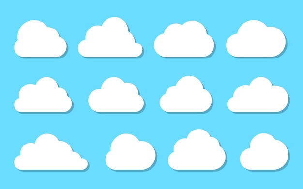 Облака белый плоский набор иконок, изолированные на голубом небе Облако различной формы абстрактный веб-баннер шаблон наброски мультфильм речи пузырь символ Цифровая интернет-сеть технологии данных бизнес-знак