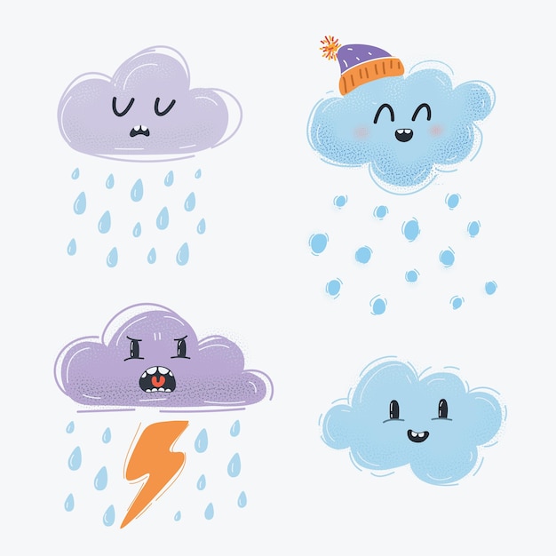 Vector clouds with different expression face sad rainy happy snowy angry thunderstorm