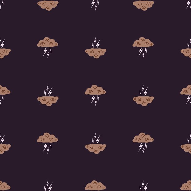 Clouds with lightning of seamless pattern. Cute hand drawn background. Repeated texture in doodle style for fabric wrapping paper, wallpaper, tissue. Vector illustration.