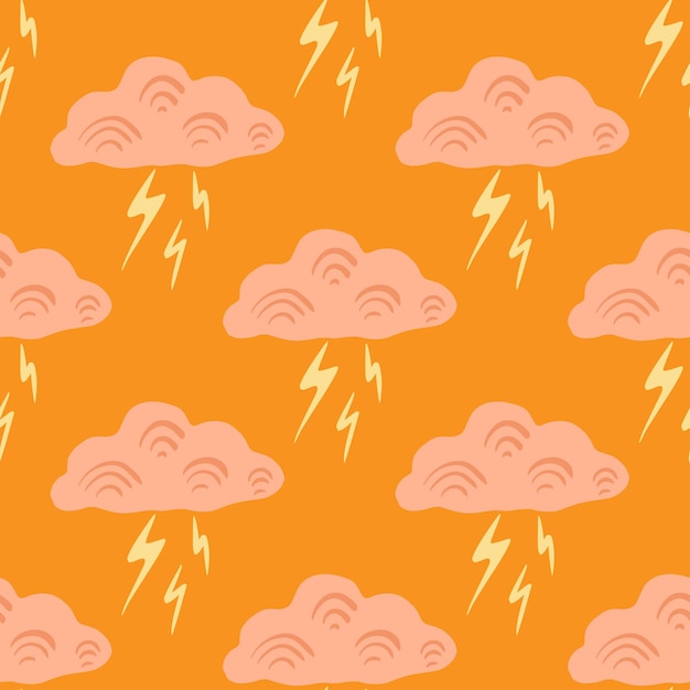 Vector clouds with lightning of seamless pattern. cute hand drawn background. repeated texture in doodle style for fabric wrapping paper, wallpaper, tissue. vector illustration.