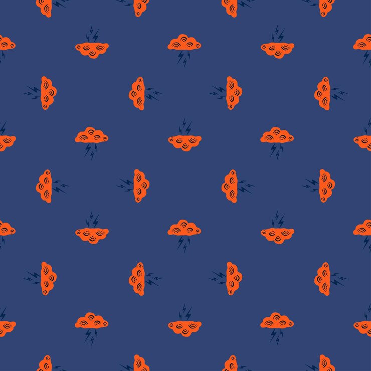 Vector clouds with lightning of seamless pattern. cute hand drawn background. repeated texture in doodle style for fabric wrapping paper, wallpaper, tissue. vector illustration.