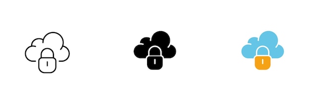Clouds with a Lock Cloud storage of information protection of personal data Vector set icon in line black and colorful styles isolated on white background