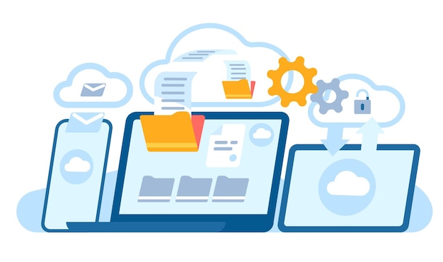 Cloudservice op laptop Online informatie-uitwisseling Telefoon- en tabletschermen Apparaten draadloze verbinding Digitaal computergebruik Gegevensoverdracht via internet Documentmappen Vectorconcept