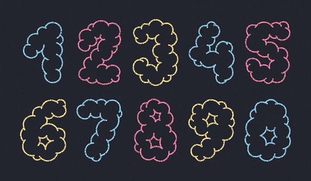 Cloudshaped numbers with chalk texture on a dark background