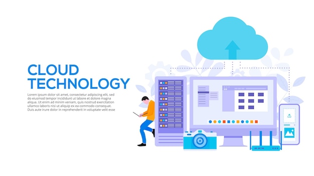 Cloudtechnologieën ontwerpconcept met server smartphone en man Platte vectorillustratie Bestemmingspaginasjabloon voor web