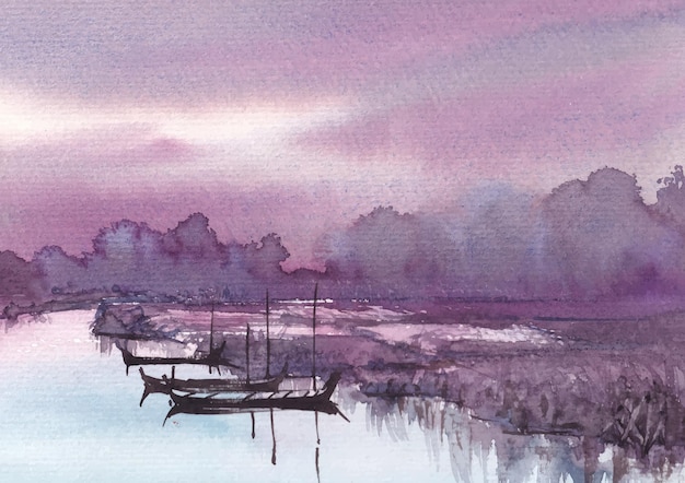 Cloudy morning in village nature watercolor paint