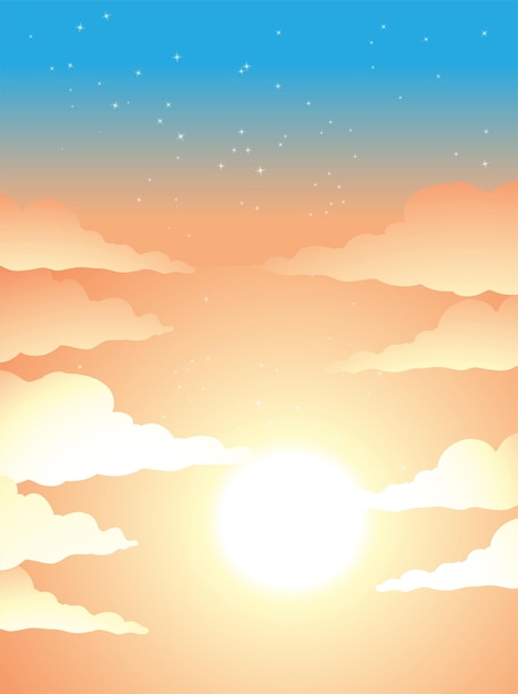 Vector cloudy orange sky with bright sun light and stars