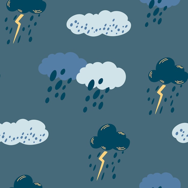 Cloudy rainy sky seamless pattern. Hand draw Blue clouds with thunderstorms, lightning and rain. Vector Print for textile, fabric, wallpaper, wrapping paper, design and decoration.