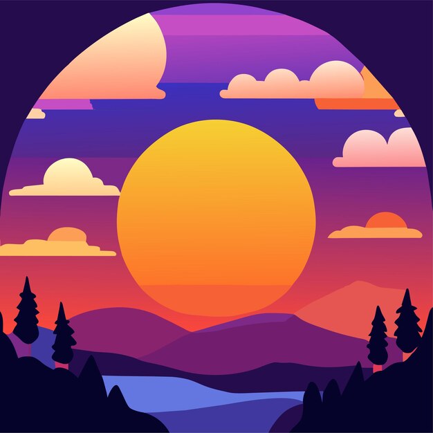 Cloudy sky background with big sun in flat style