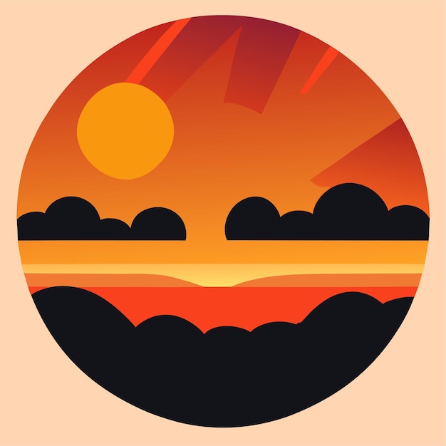 Vector cloudy sky background with big sun in flat style