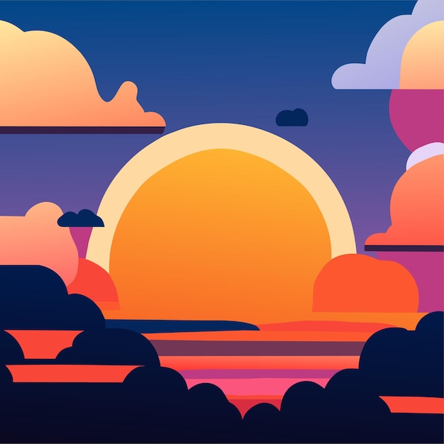 Cloudy sky background with big sun in flat style