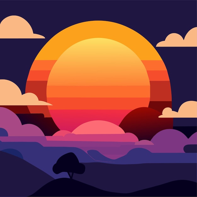 Vector cloudy sky background with big sun in flat style